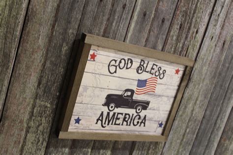 God Bless America Wood Sign Vintage Truck American Flag Patriotic