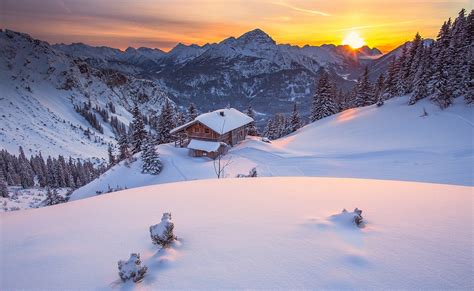 Nature Landscape Tyrol Winter Sunrise Cabin Mountain Pine Trees Snow Sky Forest