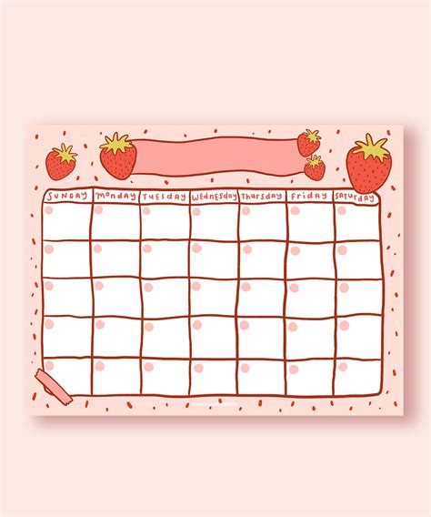 Strawberry Open Digital Calendar Cute Printable Calendar Cute Pink
