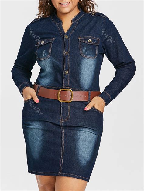 33 Off Plus Size Fitted Denim Jean Dress With Belt Rosegal