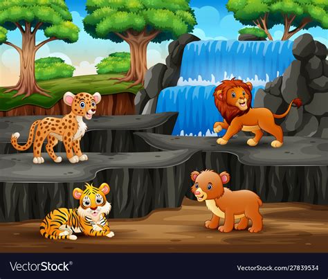Funny Animals With Waterfall Landscape Royalty Free Vector