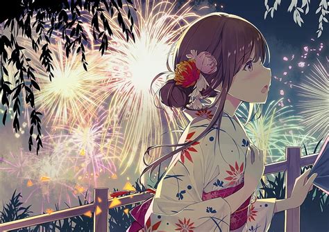 Girl Anime Fireworks Manga Sutorora Kimono Hd Wallpaper Peakpx