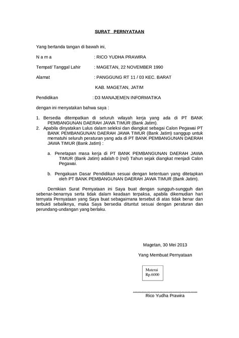 Doc Contoh Surat Pernyataan Penempatan Kerja Dokumentips