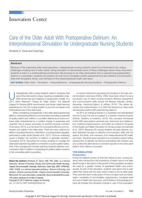 Pdf Care Of The Older Adult With Postoperative Delirium An Interprofessional Simulation For
