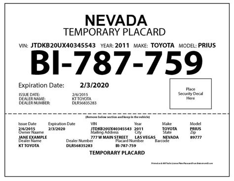 Nevada Temporary Placard Nevada Placards Names