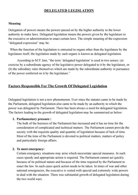 Unit Adm Law Notes D Delegated Legislation Of Powers Factors