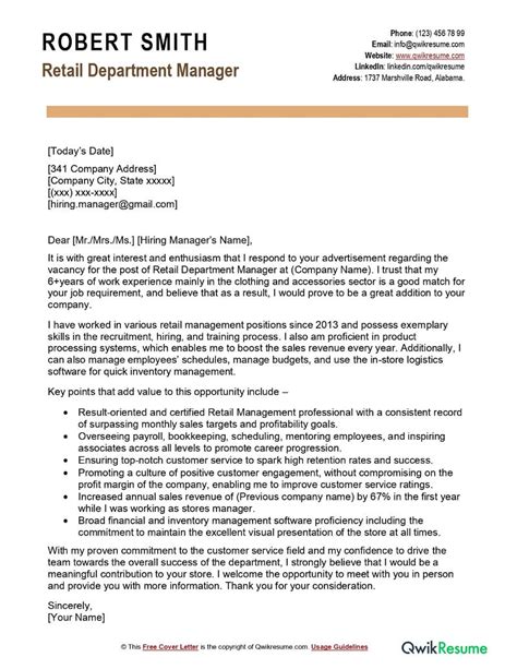 Retail Department Manager Cover Letter Examples Qwikresume