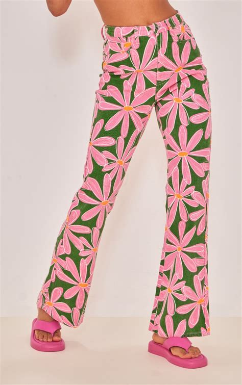 Pink Flower Print Flared Jeans Denim Prettylittlething Qa