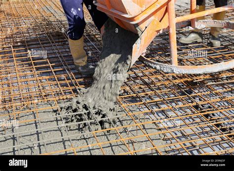 Concreting A Base Plate With Ready Mixed Concrete On The Construction