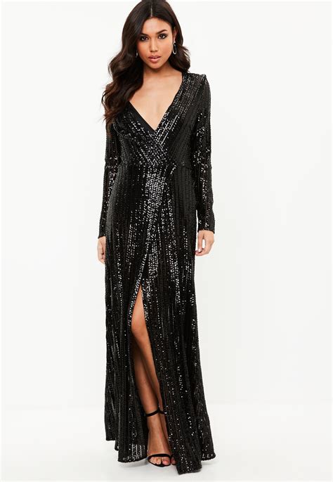 Lyst Missguided Black Sequin Plunge Long Sleeved Maxi Dress In Black