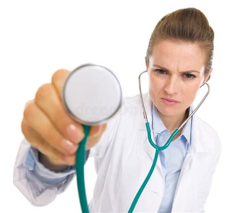 Concerned Doctor Woman Listening With Stethoscope Stock Image Image