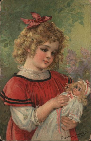 girl with red bow hold blonde haired doll frances brundage postcard