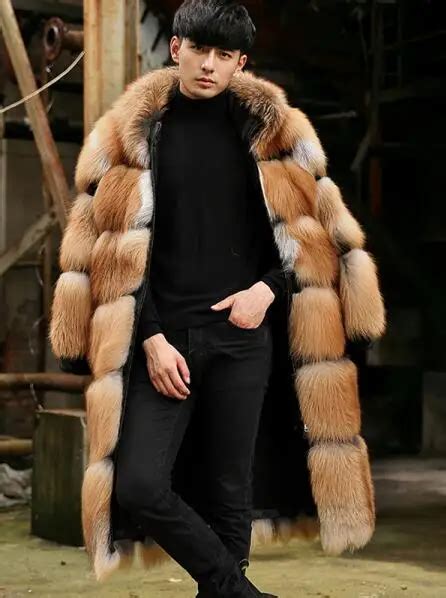 Mens Popular Fox Fur Coat Hooded Large Fur Collar Jacket Winter Slim
