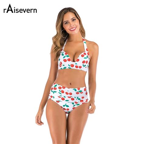 Raisevern Sexy Cherry Print High Waist Swimsuit 2019 Bikini Push Up Swimwear Women Vintage
