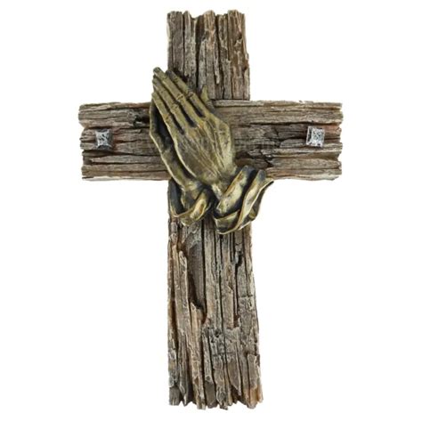Praying Hands Wall Cross Faux Wood Look Hand Painted Polyresin