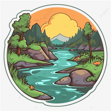 Sticker With A River And Trees In The Background Vector River Sticker
