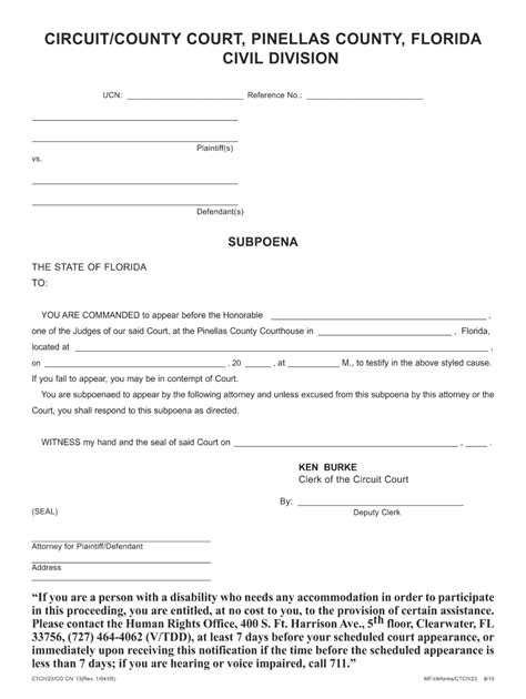Fl Civ Subpoena County Court Form Fill Online Printable Fillable