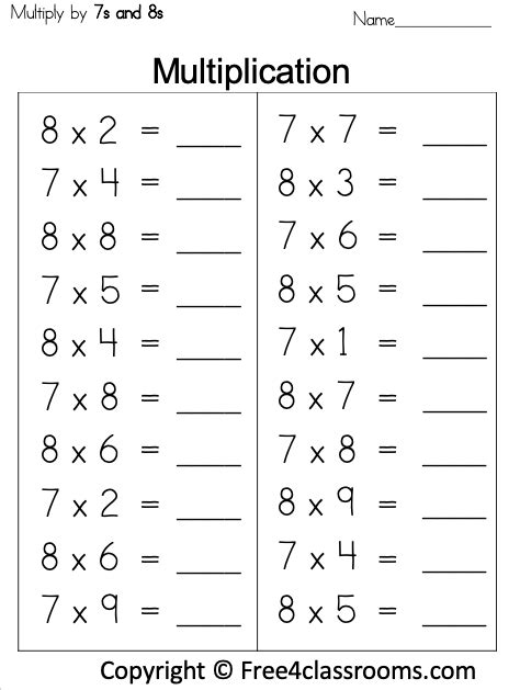 Multiplication 7 And 8 Worksheets