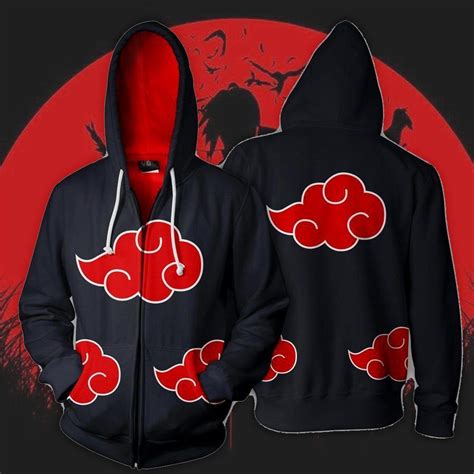 Naruto Hoodies Black Akatsuki 3d Zip Up Hoodie Jacket Coat Naruto