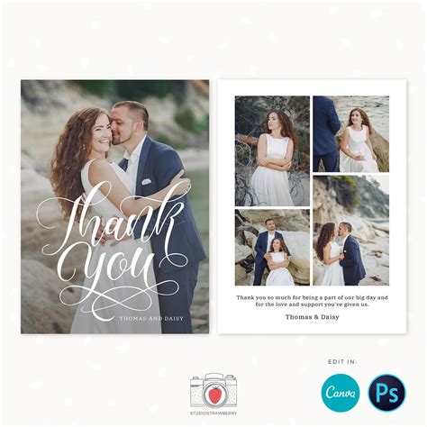 Wedding Thank You Cards With Photo Template For Canva And Photoshop
