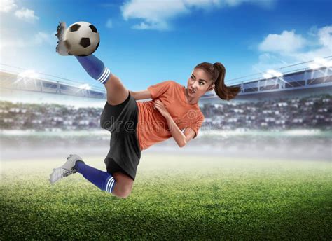 Asian Woman Football Player Kick Ball Stock Image Image Of Foot