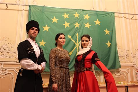 Circassians In Front Of The Flag Of Circassia Ancient Country In