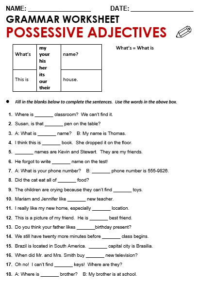 Free printable adjective worksheets including identifying adjectives, using adjectives in sentences, adjectives before and after nouns, selecting adjectives, comparative adjectives and alliterations with adjectives. Possessive Adjectives - All Things Grammar