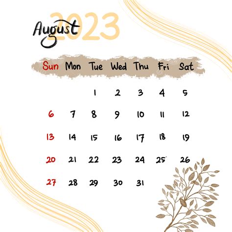 Calendar August 2023 With Leaves Watercolor Art Calendar 2023 Date