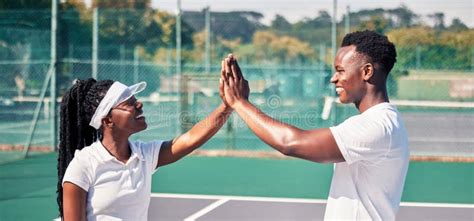 High Five Tennis And Sports Couple Or Black People With Success