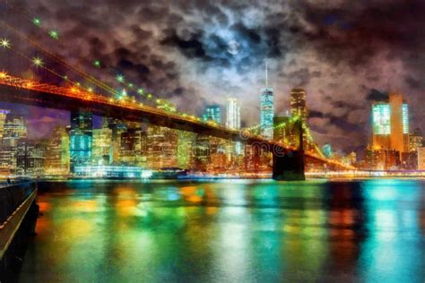 Brooklyn Bridge And Manhattan Skyline Night New York City Stock Image