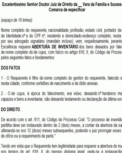 Referência Para Uma Petição Inventário Judicial Proposto Pelo