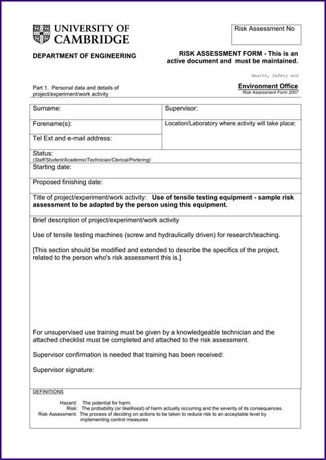 Machine Risk Assessment Template Excel Template 1 Resume Examples
