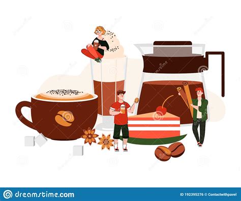 Coffee Poster With Cartoon People Among Giant Drink Cup