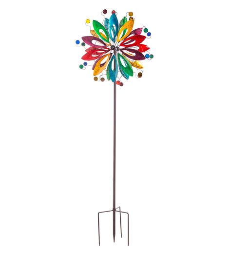 Colorful Dual Rotor Flower And Disc Metal Wind Spinner Garden Stake