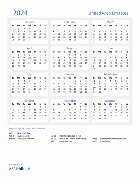 Basic Yearly Calendar With Holidays In United Arab Emirates For 2024