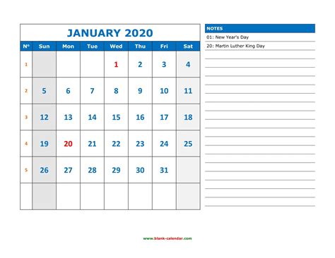 Printable Calendar With Writing Space Best Calendar Example