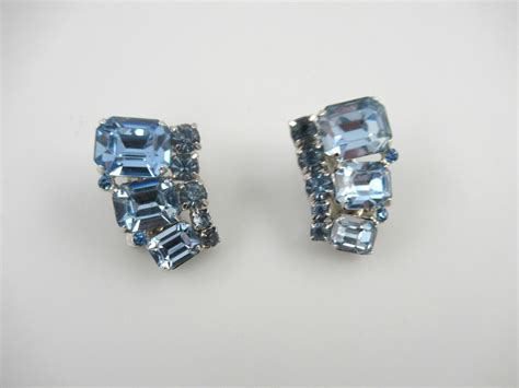 Signed Coro Vintage Light Blue Rhinestone Cluster Clip On Earrings EBay