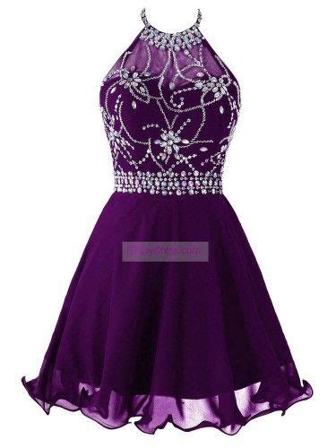 Short Beaded Backless Halter Purple Prom Homecoming Dress Itemne0027