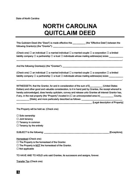 Free North Carolina Quitclaim Deed Form Pdf Word