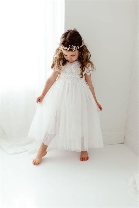 Boho White Lace Flower Girl Dress Romantic Toddler Tulle Wedding Gown