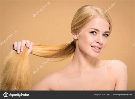 Beautiful Naked Blonde Woman Holding Long Hair Smiling Camera Isolated Stock Photo By