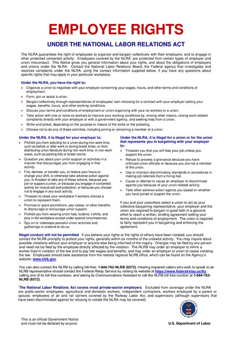 Free Federal Nlra Employee Rights Labor Law Poster 2024