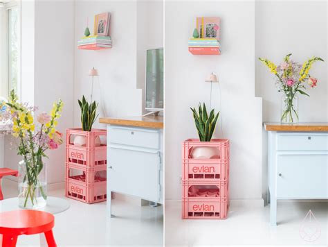 In addition to the mineral water, danone group uses the evian name for a line of organic skin care products as well as a luxury resort in france. Evian bottle crates • Zilverblauw | Thuisdecoratie ...