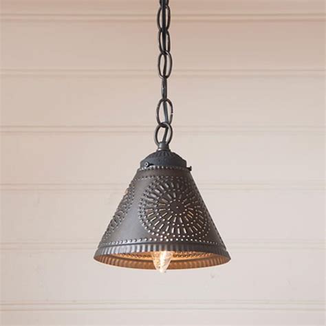 Primitive New Small Crestwood Black Punched Tin Shade Hanging Light