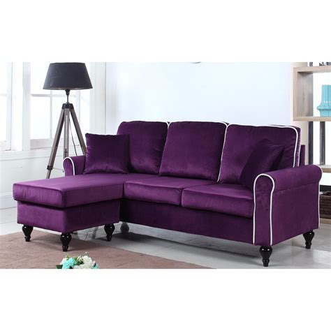 Classic And Traditional Small Space Velvet Sectional Sofa With Reversible Chaise Purple