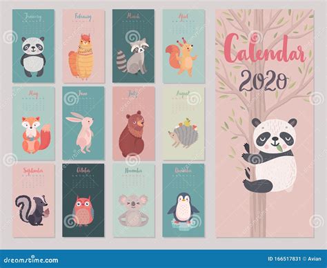 Calendar 2020 With Animals Cute Forest Characters Stock Vector