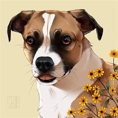 A Brown And White Dog Sitting Next To Yellow Flowers