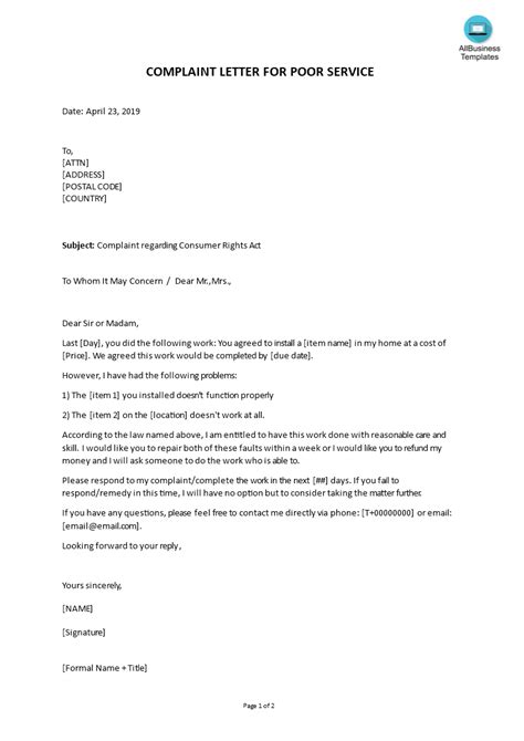 Sample Complaint Letter For Poor Service Templates At