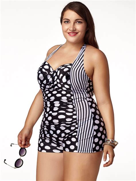 Chic Plus Size Halter Polka Dot Printed One Piece Swimwear For Women Women S Plus Size