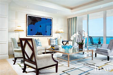Contemporary White Living Room With Blue Art Luxe Interiors Design